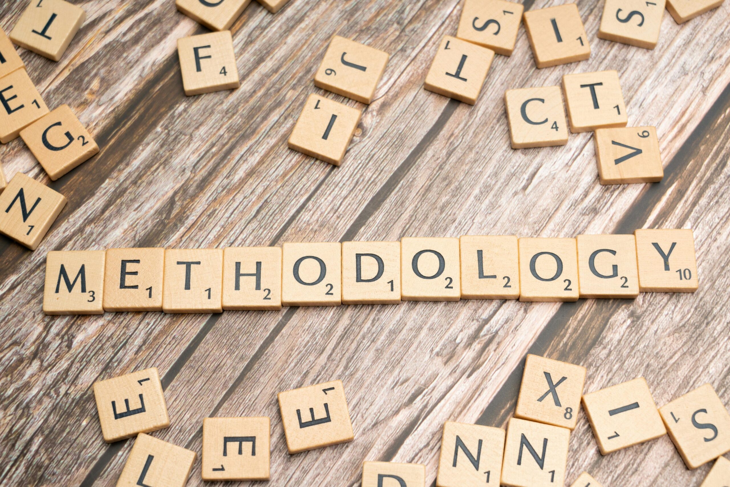 The word methodology spelled out with scrabble tiles