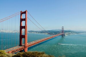 Iconic Golden Gate Bridge spanning the San Francisco Bay on a clear day.